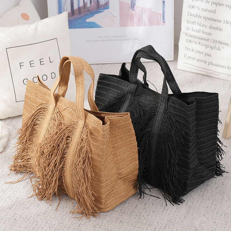 Bolso de paja con hebilla magnética para vacaciones en la playa, color sólido, mediano, con cuerda de algodón para mujer