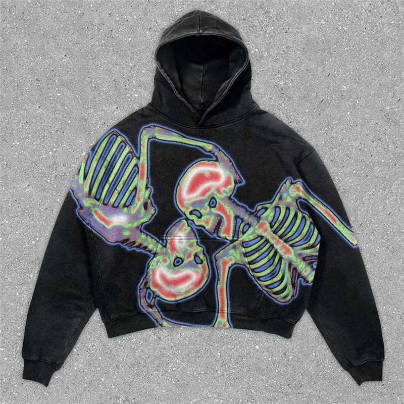 Sudadera con capucha de diseñador Y2K Hip Hop con estampado de dibujos animados de calaveras, abrigo negro Ultra David, ropa gótica para hombres y mujeres_voghion.com