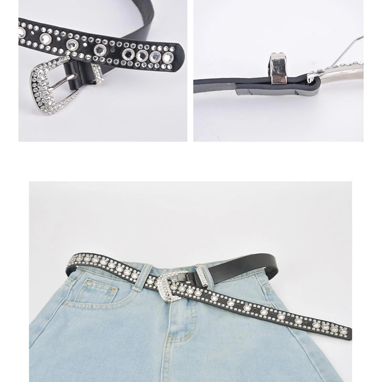 Gürtel 2/3 Strass Gürtel Mode PU Leder Kristall Bund für Anzughose Schwarz_voghion.com