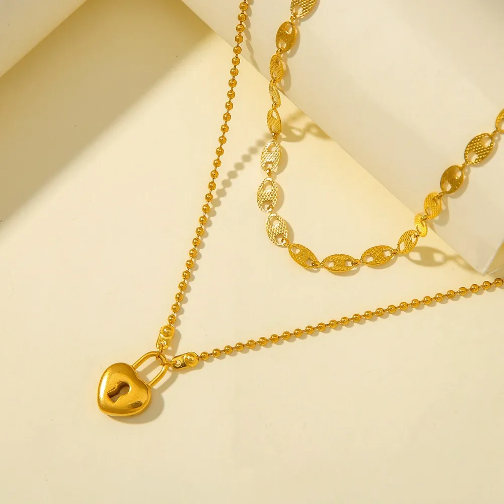 Collane con ciondolo ModaAcciaio inossidabile Collana a forma di cuore con lucchetto per donna Catena d'amore Oro Doppio girocollo Gioielli impermeabili_voghion.com