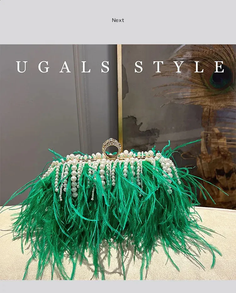 Pochette de soirée en plumes avec perles pour mariage et soirée_voghion.com
