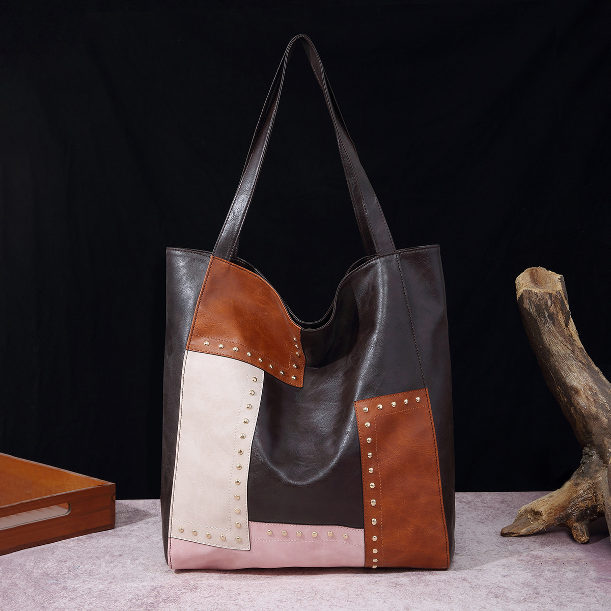 Borsa da donna, stile retrò, con rivetti, cuciture a contrasto, grande capacità, borsa a tracolla da donna_voghion.com