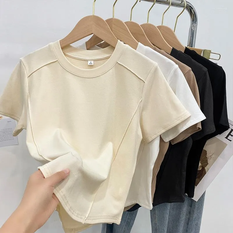 Magliette da donna tinta unita scollo rotondo manica corta maglietta sottile donna 2023 estate aria straniera riduzione età top_voghion.com
