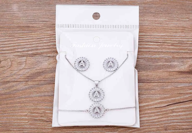 Charm Initial Necklace + Stud Earrings Bracelet Sets Jewelry Copper Zircon White Color A-z 26 Letters Alphabet_voghion.com
