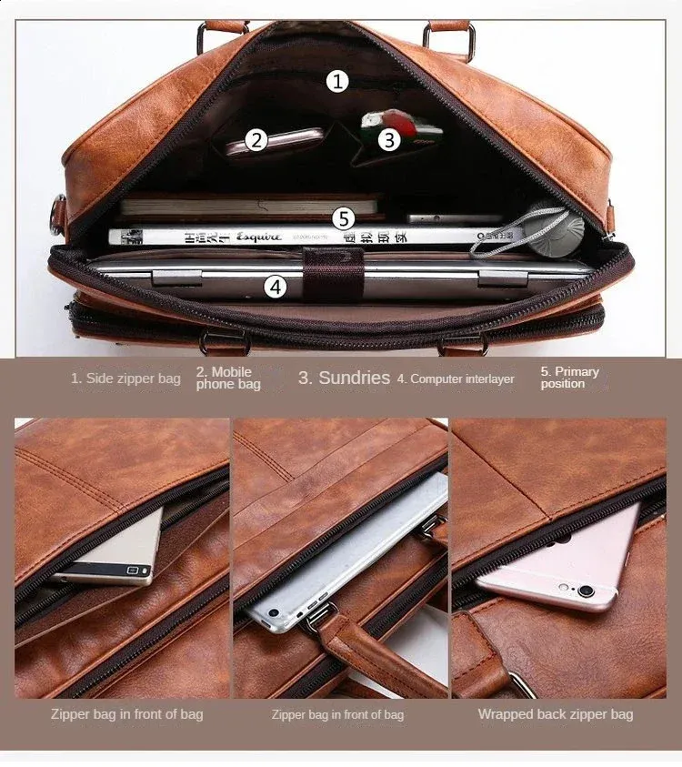 Sac à bandoulière en cuir PU grande capacité, portable, décontracté et étanche, pour hommes, porte-documents, sac pour ordinateur portable 240813_voghion.com
