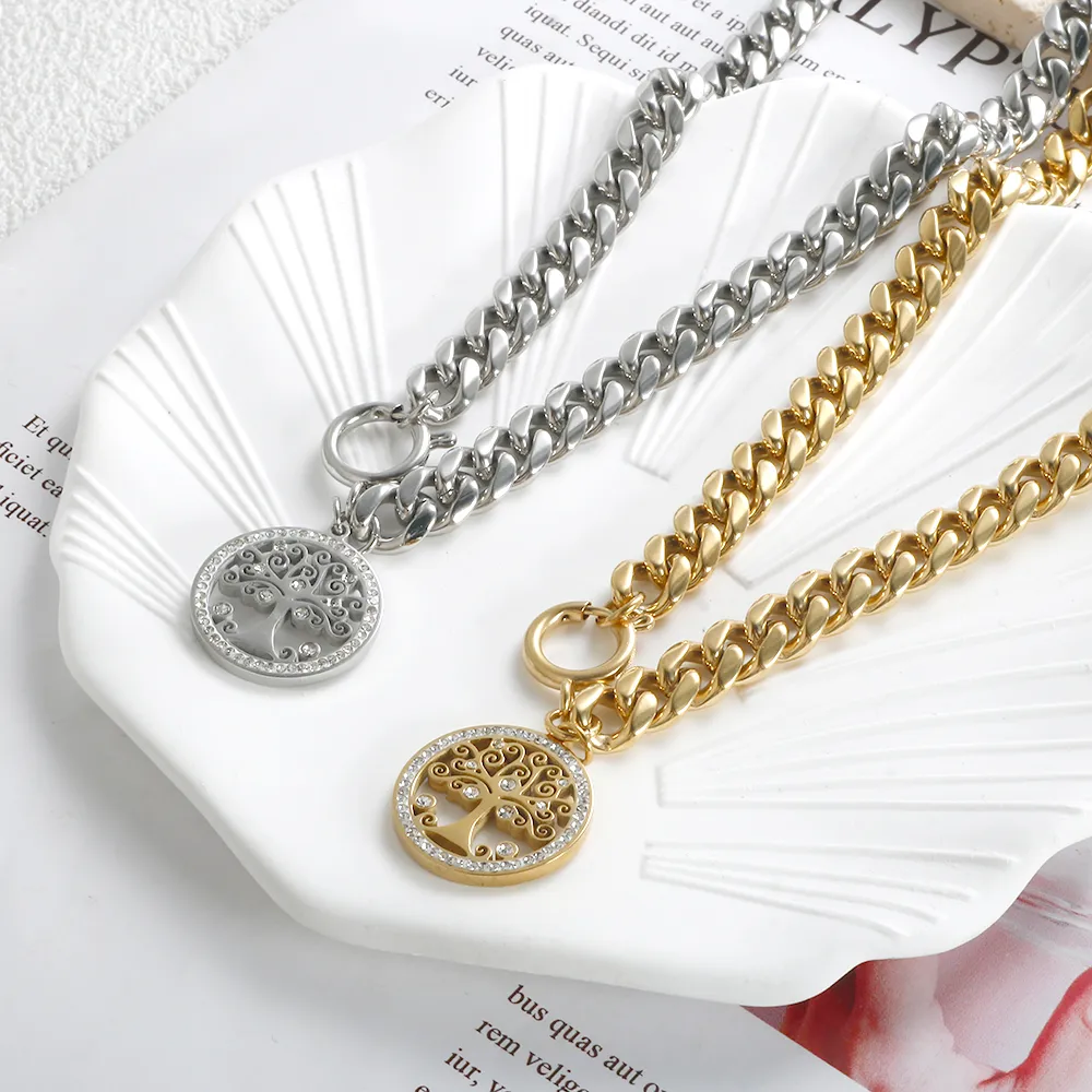 Baum Des Lebens Statement Kette Gold Edelstahl Chunky Halskette_voghion.com
