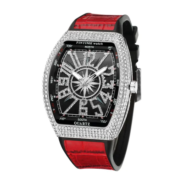 Herrenmode Coole Einzigartige Uhr Iced Out Bling Kristall Strass Quarz Armbanduhren Mit Gummiband_voghion.com