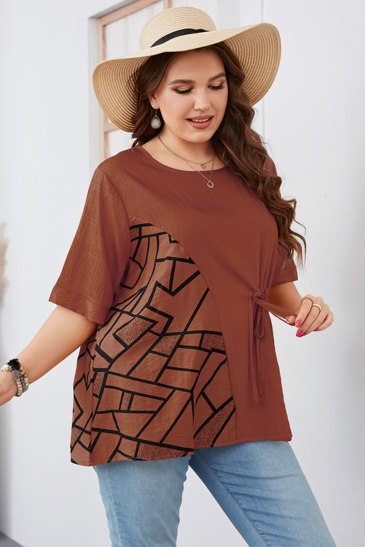 plus size women's clothing five-point short-sleeved round neck slim temperament commuting solid color plus size fat girl shirt_voghion.com
