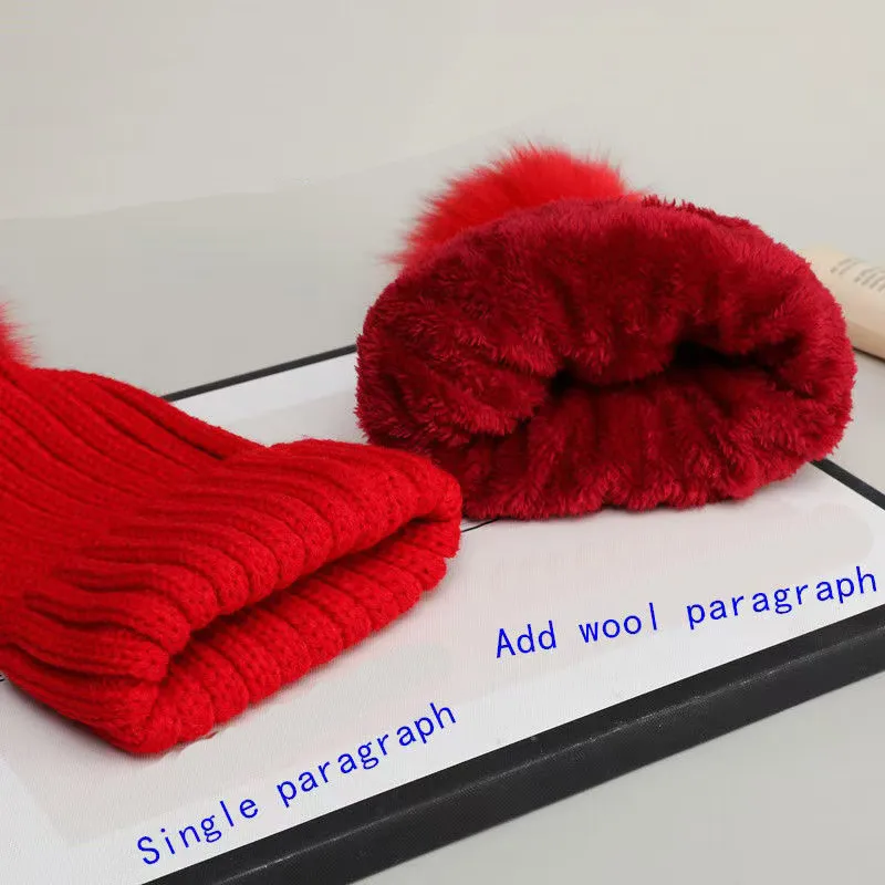 Gorro de lã tricotado de inverno feminino, gorro grosso e quente de pele com pompom, gorro feminino colorido_voghion.com