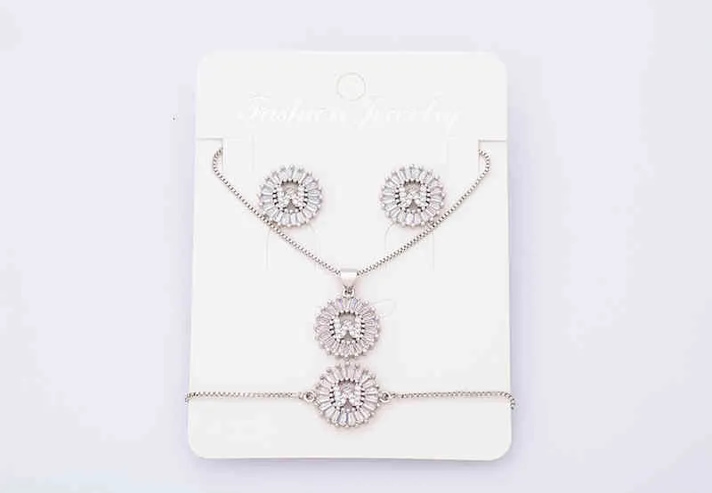 Charm Initial Necklace + Stud Earrings Bracelet Sets Jewelry Copper Zircon White Color A-z 26 Letters Alphabet_voghion.com
