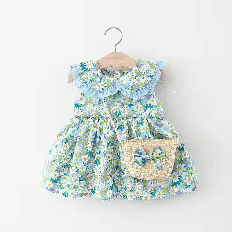 Bloem bedrukte babymeisjesjurk Mouwloos poppenkraagje Schattige jurk Verjaardagsfeestjurk Stuur strik tas_voghion.com