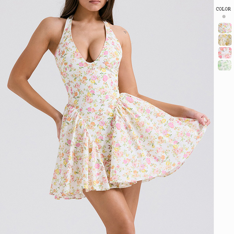 Vestido mini sexy con escote colgante y espalda abierta estilo campestre dulce para mujer, novedad primavera/verano 2024