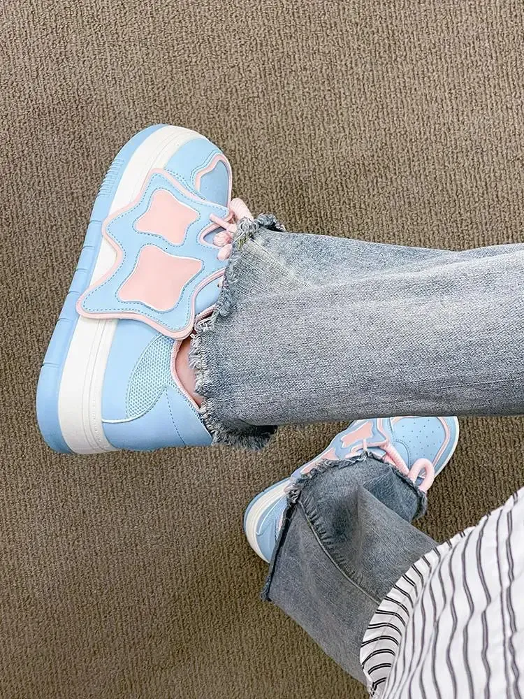 Scarpe da ginnastica con plateau rosa e blu da donna, scarpe sportive kawaii, casual, da tennis, da donna, basse, vintage, con suola spessa, coreane, carine_voghion.com