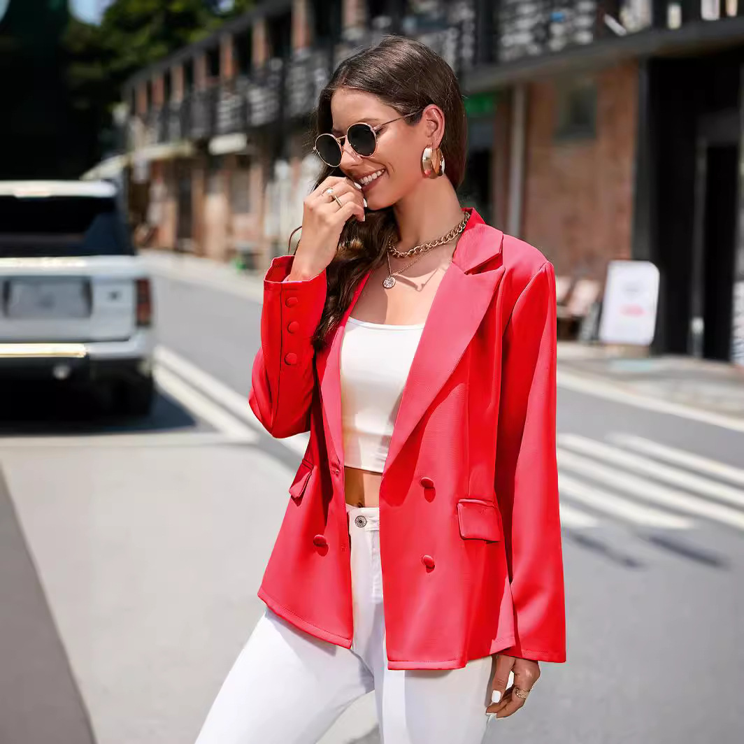 Petit costume à manches longues et revers de couleur unie pour femme, automne et hiver_voghion.com