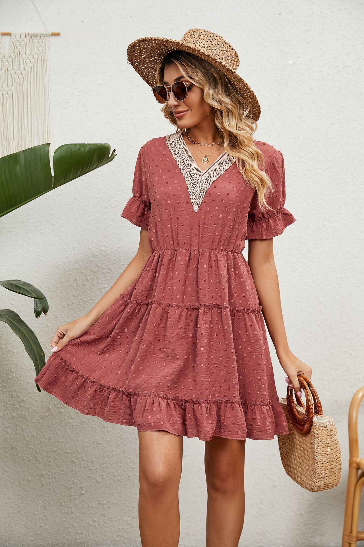 Damen-Kleid aus Jacquard-Wollknäuel mit V-Ausschnitt, lockeres, festes Kleid mit elastischer Taille_voghion.com