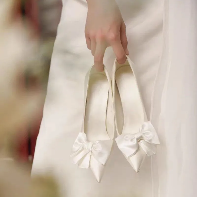 Free shipping French white satin high-heeled niche wedding bow tie single shoes for women_ecoleips.com
