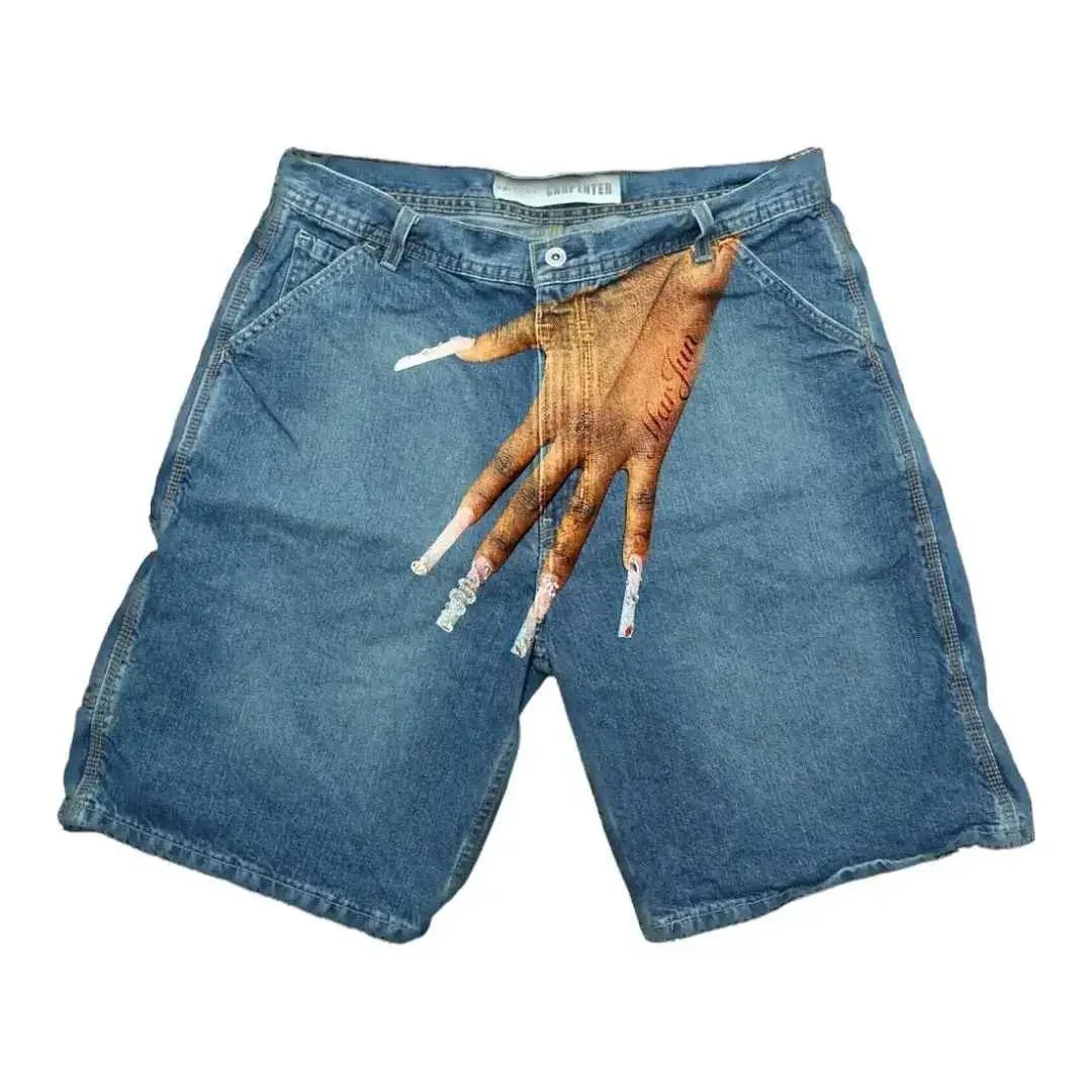 Pantaloni sportivi da uomo in denim con stampa a mano, stile retrò hip-hop, blu, Y2K, gotici, Haruku, pantaloncini da basket, pantaloni lunghi X240914_voghion.com