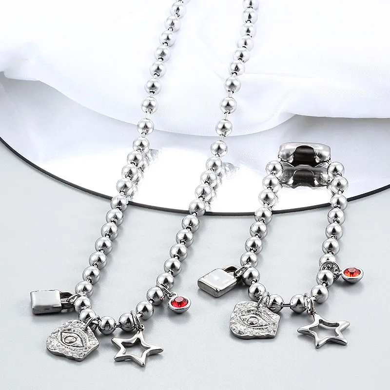 Cadenas de moda de acero inoxidable color plata regalo redondo bola blanca mujeres hombres cerradura llave UN 50 8 mm cuentas colgantes collar_voghion.com