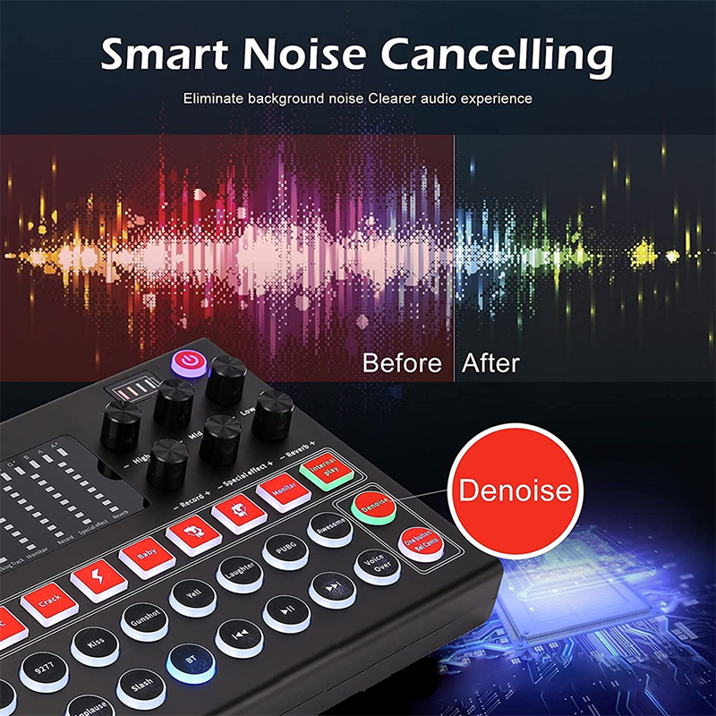 Carte de mixage sonore, changeur de voix de carte son en direct avec plusieurs effets sonores et lumière LED pour mixeur audio en streaming en direct_voghion.com
