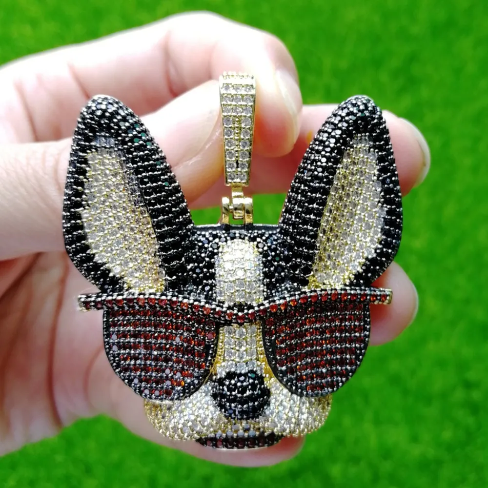 Colgante de latón con circonita cúbica grande y diseño de perro ingenioso con gafas, collar de estilo hip hop helado para hombres y mujeres, joyería de fiesta, regalo CN1371_voghion.com
