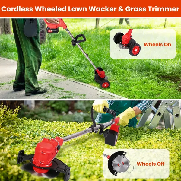 Electric Cordless Grass Trimmer With Wheels, Adjustable Head, Extendable Handle, Rechargeable, 2500mAh Batteries_voghion.com