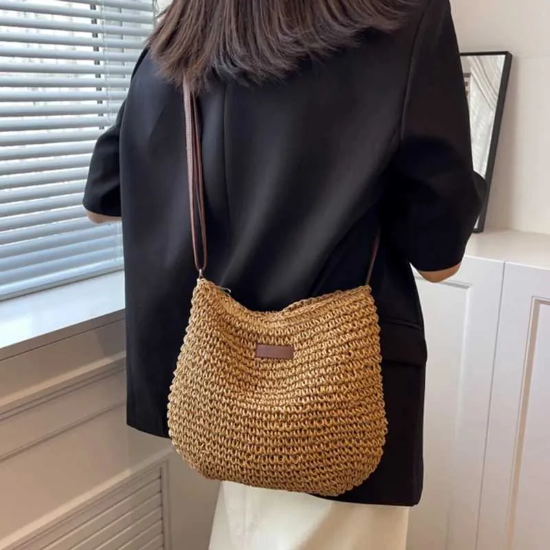 Sac à bandoulière tissé en paille pour l'été, sac à main de grande capacité pour les vacances à la plage, le shopping, les messages_voghion.com