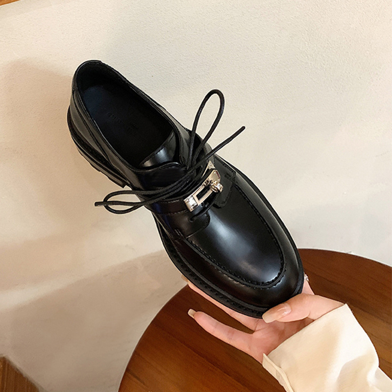 Women's British style lock buckle loafers, lace up thick heel single shoes, thick sole retro small leather shoes
