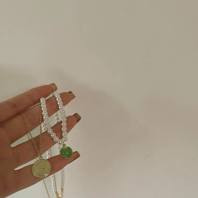 Hängshalsband 2 st/set Guldfärgad Pärla Mynt Grön Opal Halsband För Kvinnor Gotisk Kedja Dubbelskiktad Boho Halsband_voghion.com