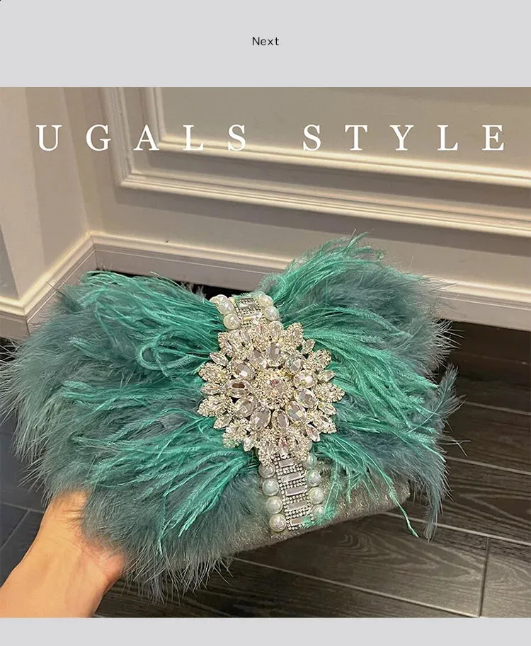 Ostrich Feather Evening Bag With Pearl Details For Women Party_voghion.com