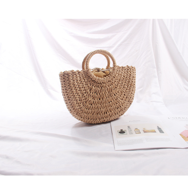 wiosenno-letnia torba słomkowa papierowa lina okrągła torba wiaderkowa prosta tkana torba damska w stylu retro casualowa torebka_voghion.com