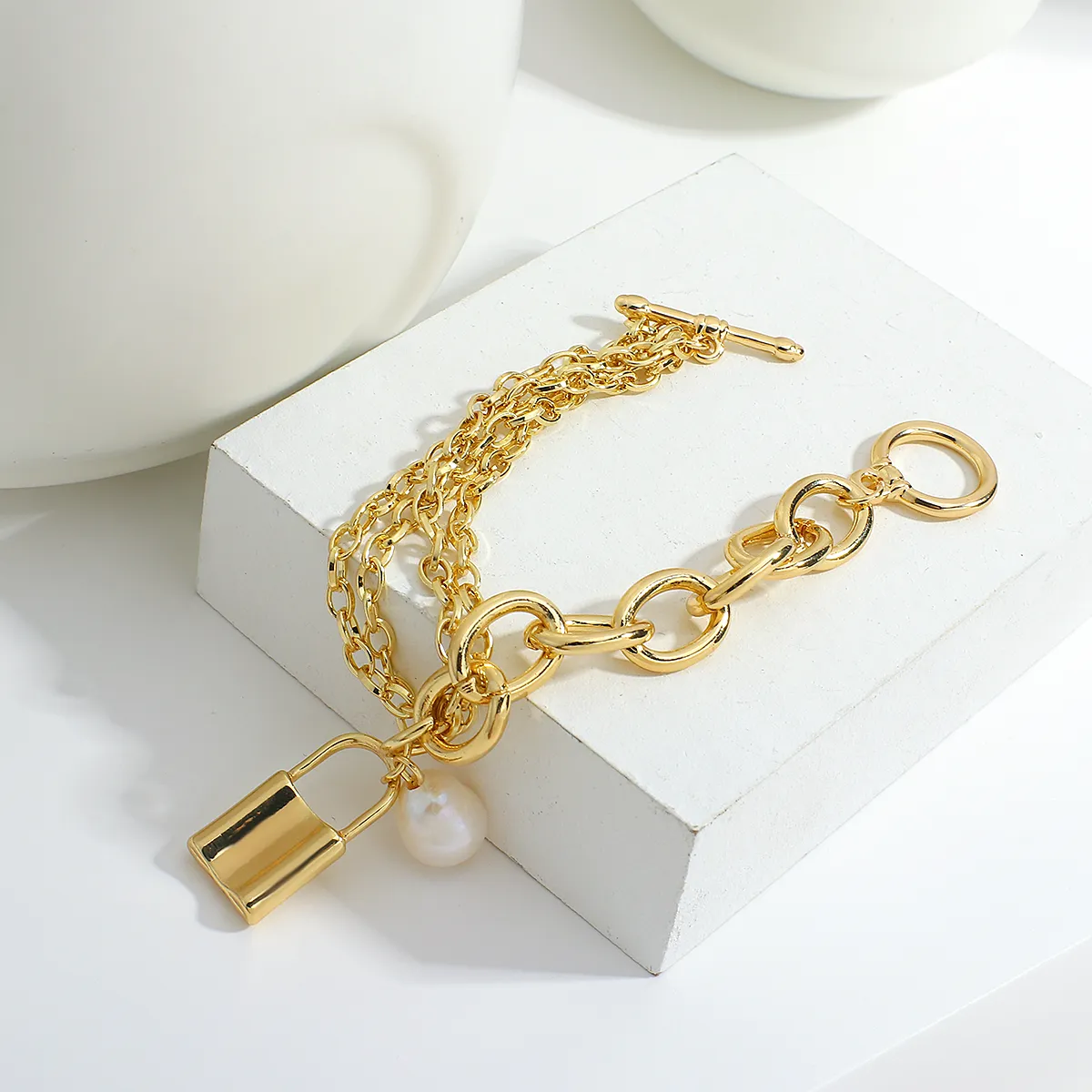 Brățări Flashbuy de culoare aurie, elegante, din metal, gros, lanț gros cu perle, pandantiv, bijuterii de modă, Pulseira_voghion.com