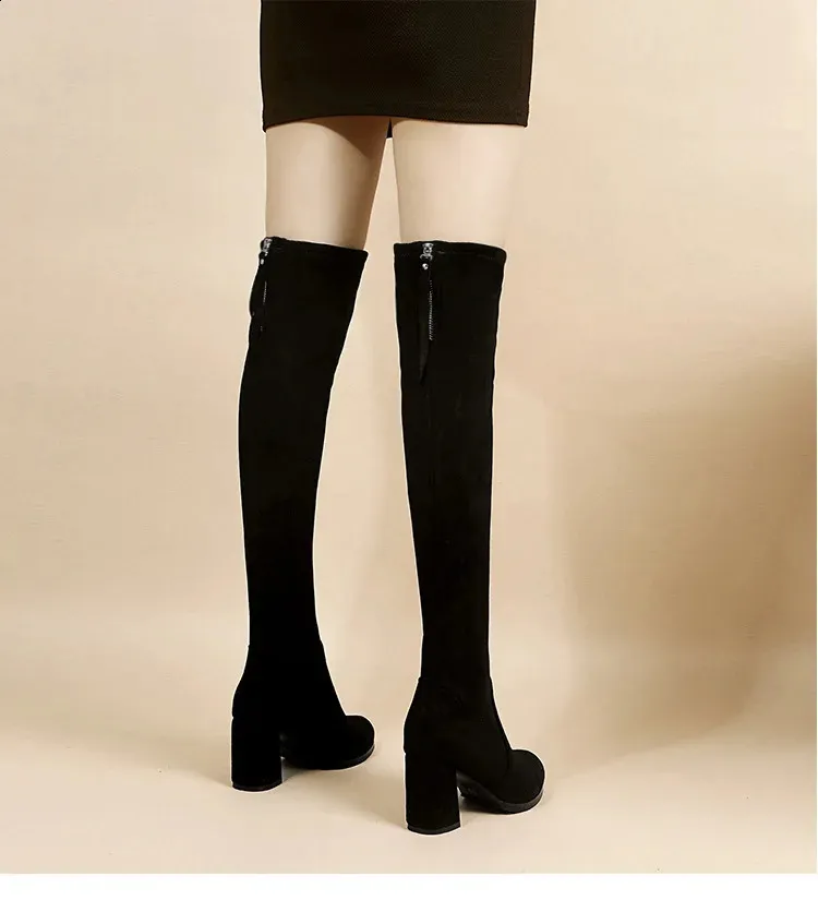 artificial Suede Autumn Zipper Elastic Knee Boots Womens Lace High Heels Black Botas Drone 240911_voghion.com