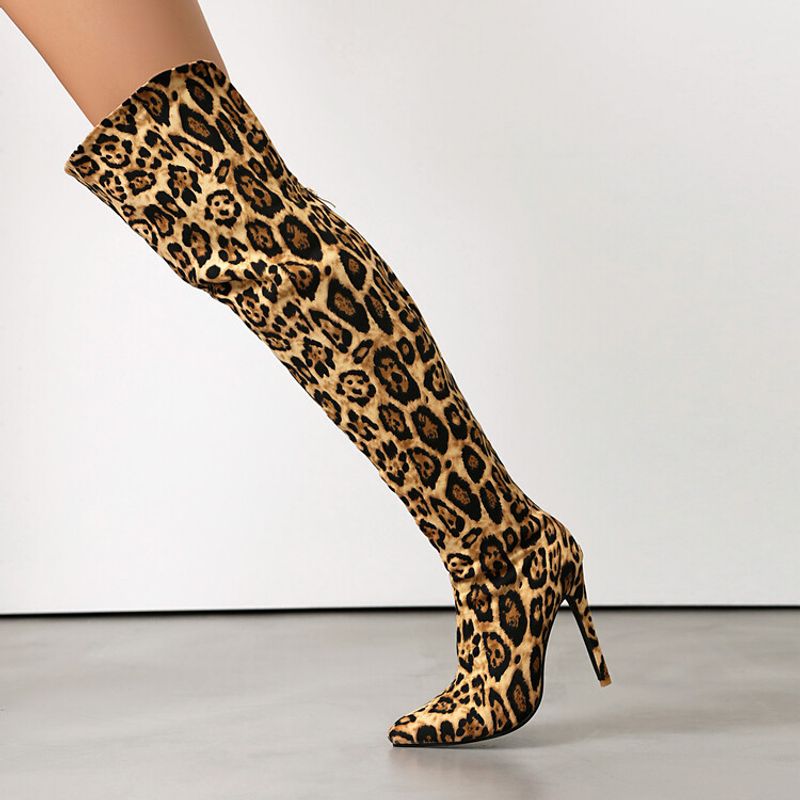 Autumn and winter high heels Pointed leopard print over knee cover legs slimming elastic boots large size 40-47 women's_voghion.com