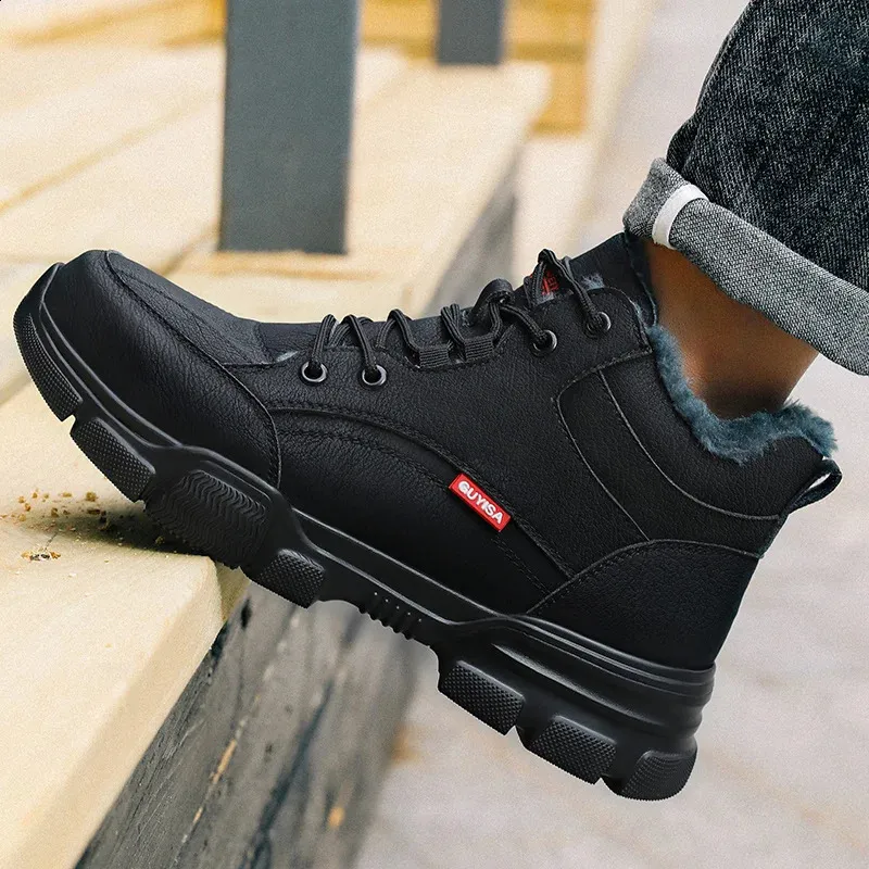 Bottes de sécurité d'hiver en cuir noir pour hommes, chaussures de travail imperméables et anti-pression, embout en acier indestructible_voghion.com