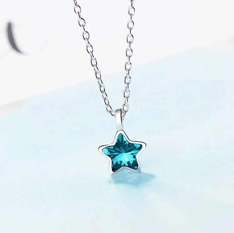 Ankunft Sterling Silber Mode Blau Kristall Stern Damen Ketten Halsketten Frauen Mädchen Schmuck Kurze Kette Geschenk Kein Verblassen_voghion.com