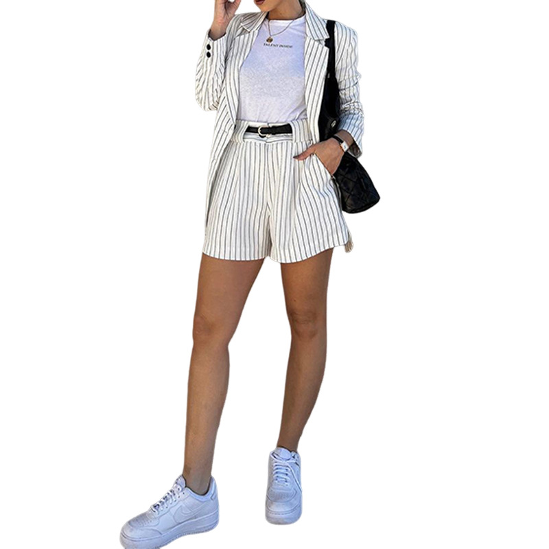 Women's Fashion Temperament Printed Striped Long-sleeved Jacket And Shorts Two-piece Set_voghion.com