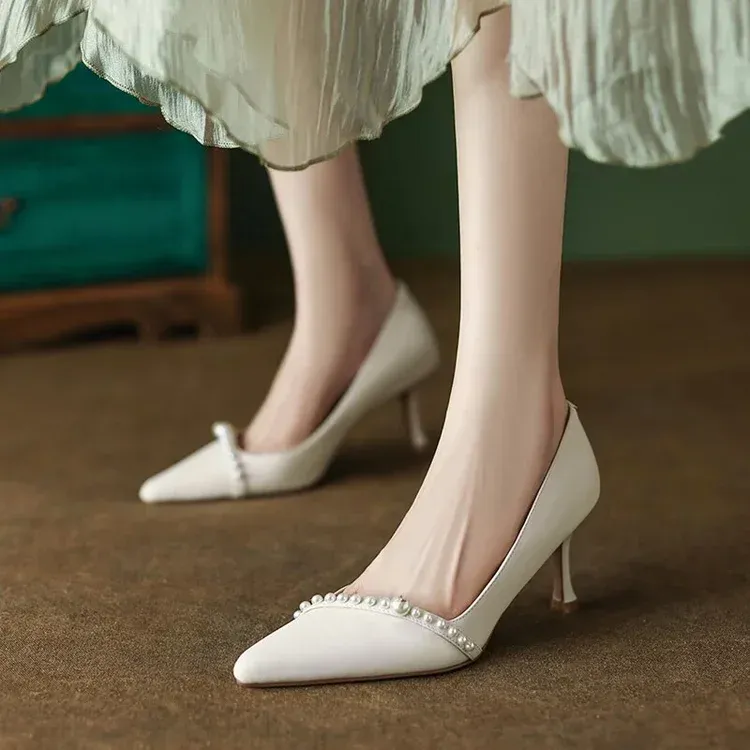 Damen Pumps Weiß Hochzeit High Spitzschuh String Bead Bootsschuhe Dünne Absätze Basic Pump Perlen Schwarz 2024 03c2_voghion.com