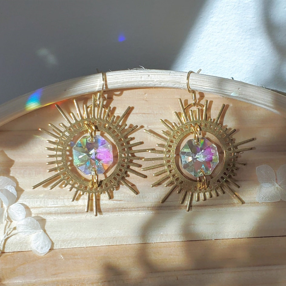 Gold-plated Sun Pendant Drop Earrings With Colored Gemstones_voghion.com