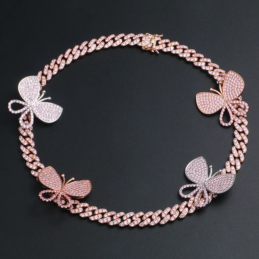 Collana con catena cubana a farfalla in oro rosa placcato con ghiaccio per le donne_voghion.com