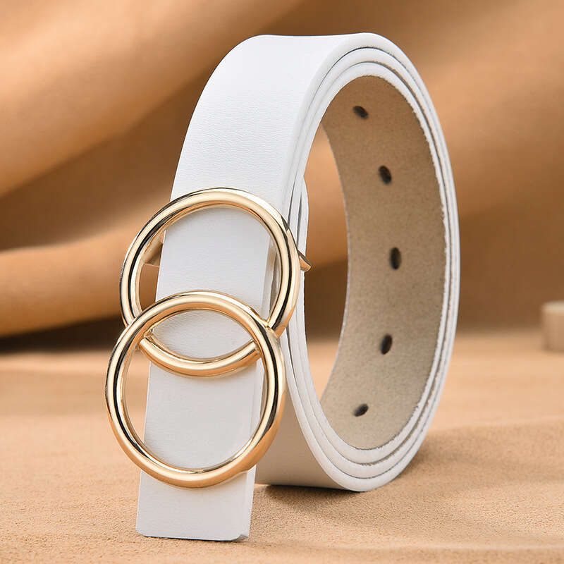 Real Smooth Versatile Double Circle Round Buckle Real Leather Women's Belt_voghion.com