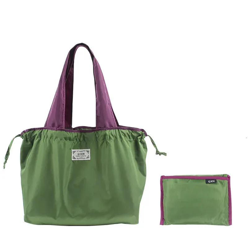 Borsa per la spesa pieghevole in nylon con coulisse riutilizzabile di grande capacità, borsa da spiaggia estiva ecologica_voghion.com