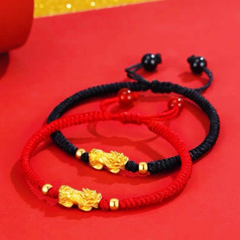 Braccialetto di coppia in corda rossa intrecciata a mano con perline portafortuna in oro sabbiato per uomini e donne_voghion.com