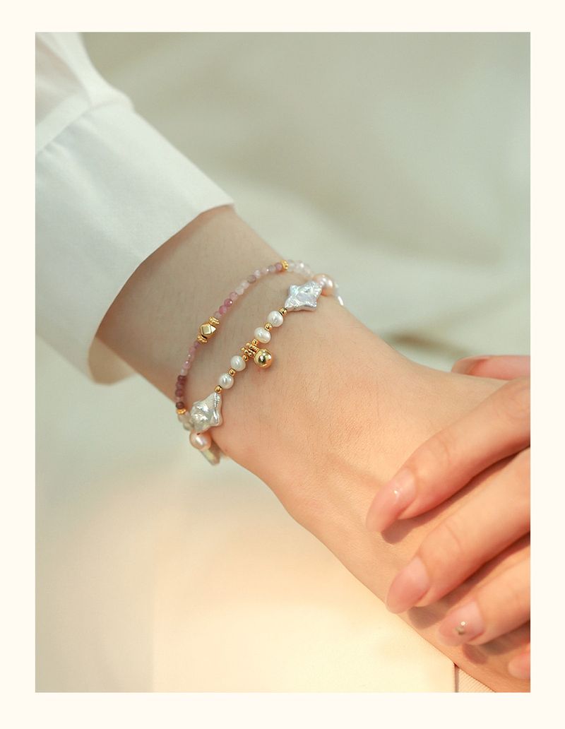 Braccialetto alla moda barocco da donna francese irregolare esotica con perle a doppio strato e fibbia OT in tormalina rosa_voghion.com