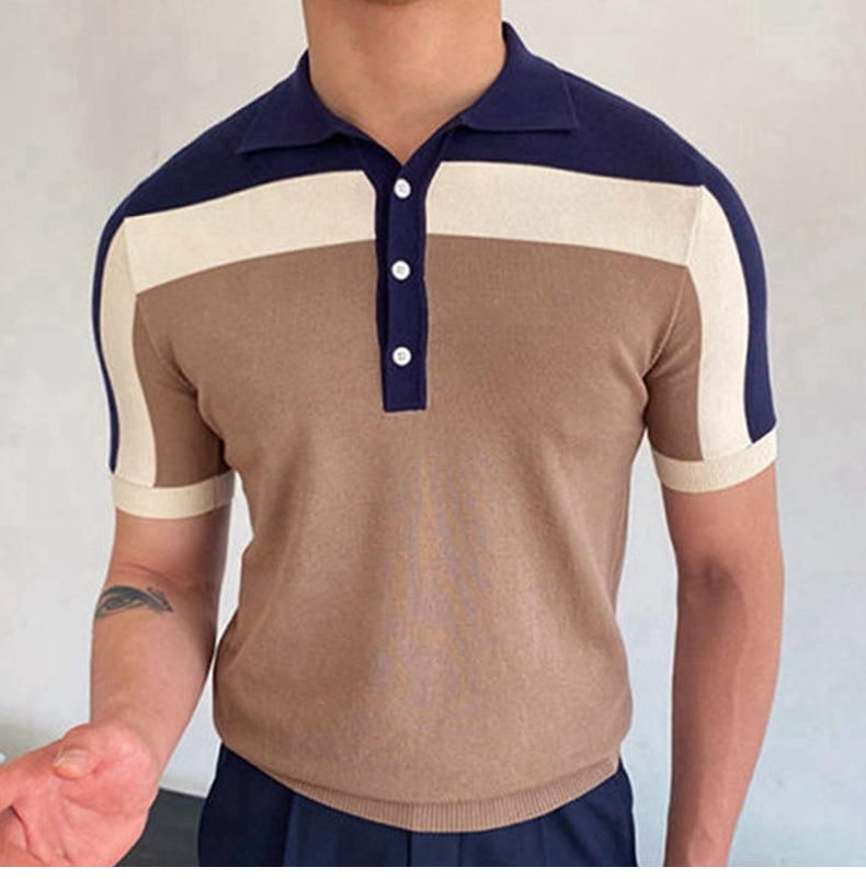Nuova camicia da uomo in maglia patchwork con maniche corte, colore a contrasto, polo aderente, da uomo SY0046_voghion.com