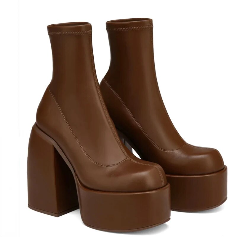 Bottes modernes femmes plate-forme ronde T botte en cuir talons épais fermeture éclair concepteur bloc talon Shs mode filles décontracté_voghion.com