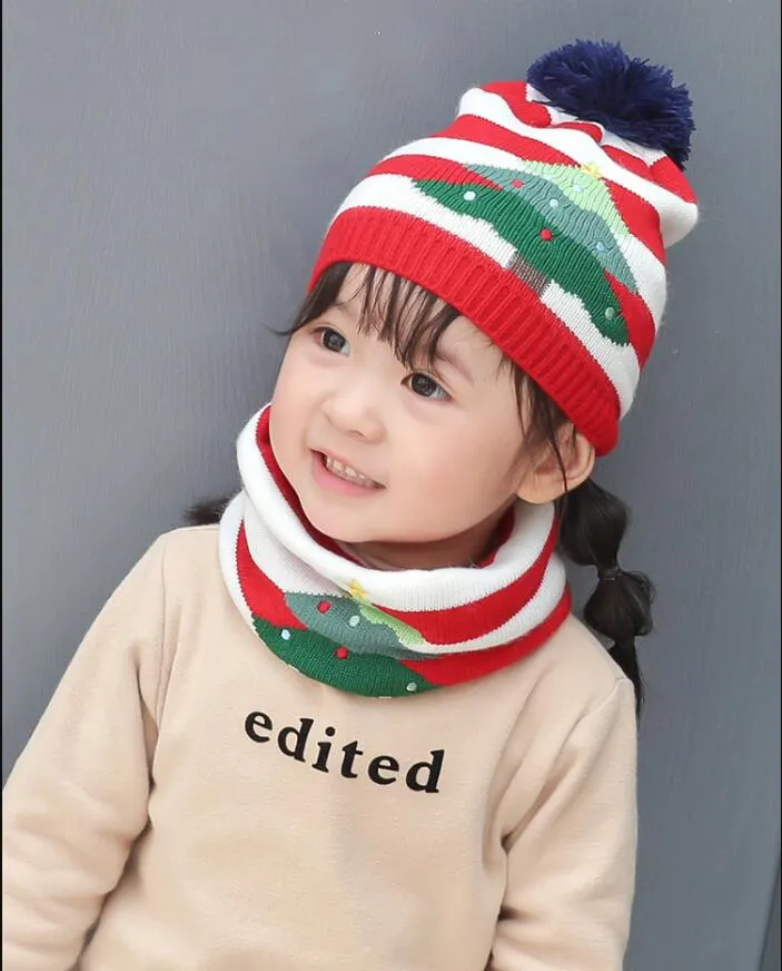 Presente de Natal Quente Gorro Chapéu Conjunto de Duas Peças Bebê Menino e Menina Crianças Quentes Malha Chapéu de Inverno Cachecol de Pescoço para 1-5 Anos_voghion.com