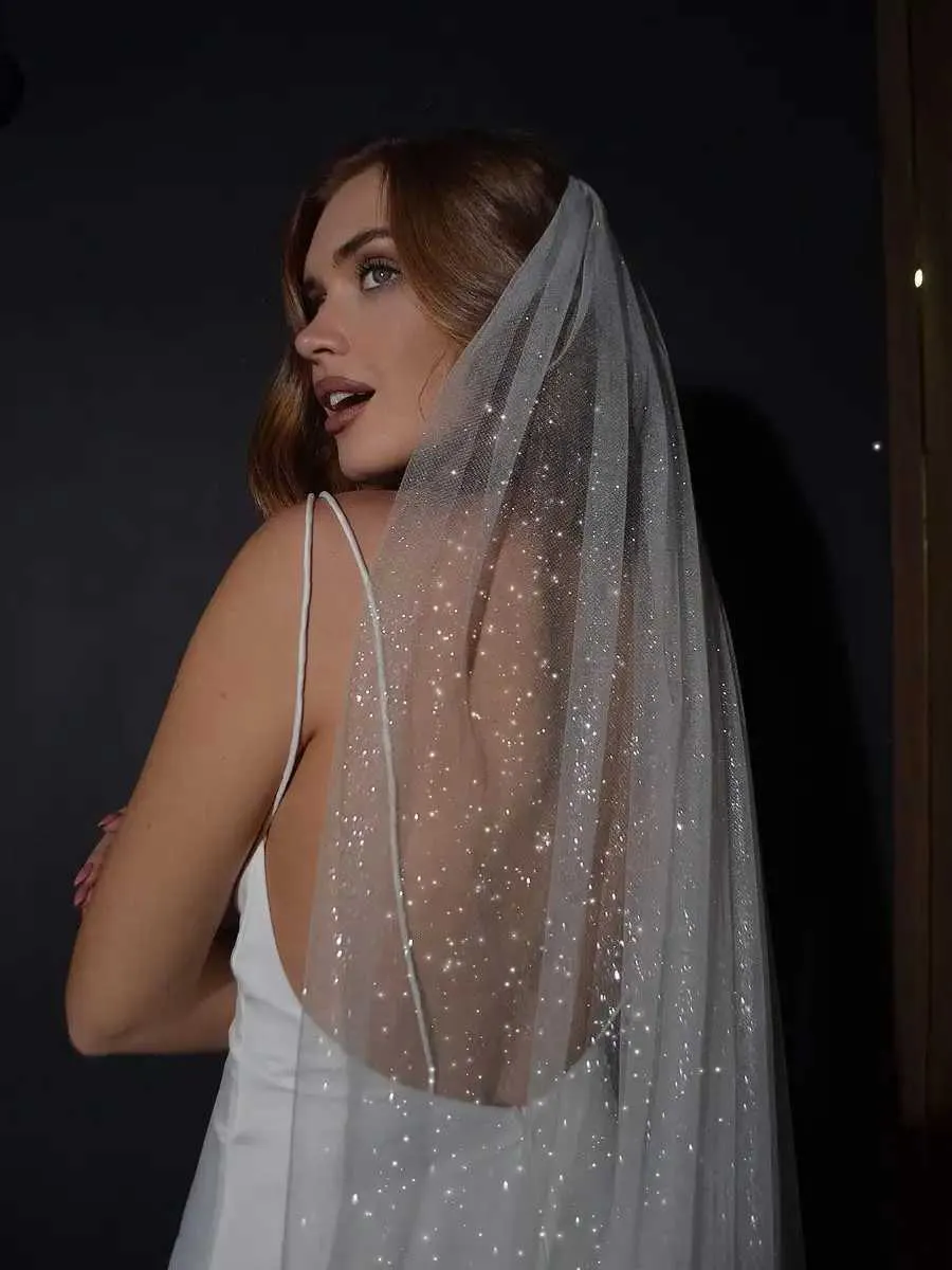 Véu de noiva brilhante de 2 m de comprimento, com uma camada e pente, acessório para cabelo de noiva_voghion.com