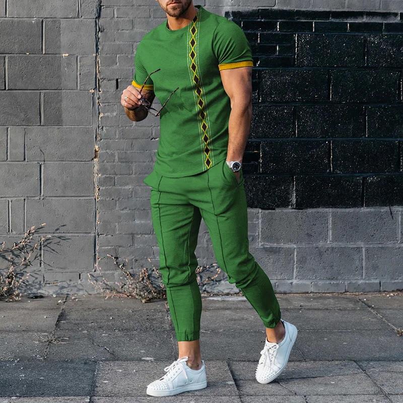 Nuevo conjunto largo de manga corta para hombre, pantalones ajustados informales de moda con estampado de estilo étnico personalizado digital 3D
