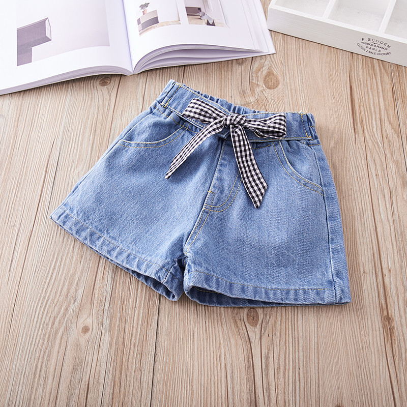 Mother & Kids New girls Korean version solid color lace-up denim shorts children's versatile casual hot pants baby pants_voghion.com