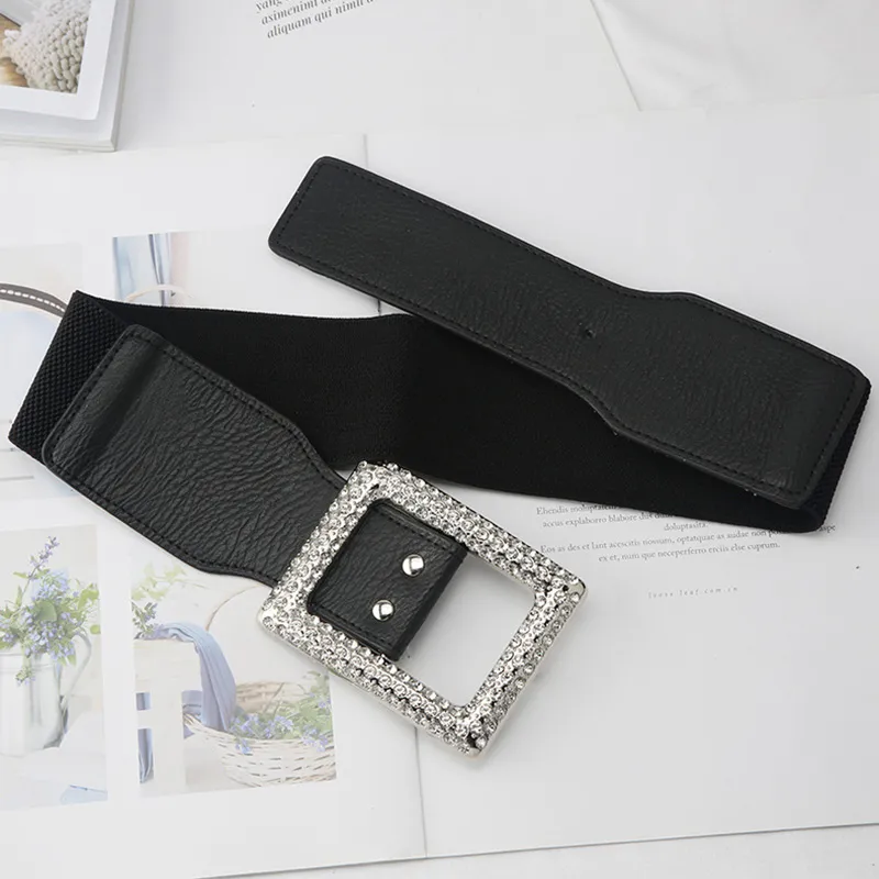 Cinture Cintura larga in pelle elastica alla moda per donna Cintura con fibbia quadrata con strass Cintura in vita con corsetto Cintura femminile_voghion.com